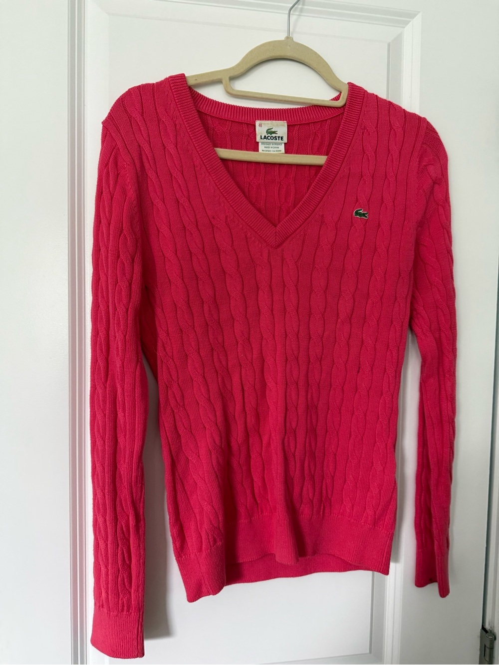 Lacoste Women's V-Neck Cable Knit Sweater in Bright Pink